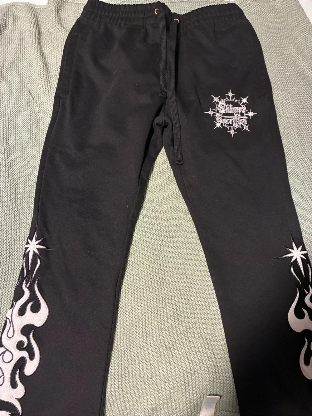 Kids Black Graphic Sweatpants with Flame Accent